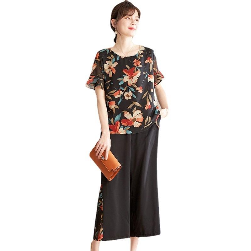 2 Pieces Women Sets Summer Style Top Short Sleeve Floral Shirt Seven Points Wide Leg Pants Women's Set Clothing