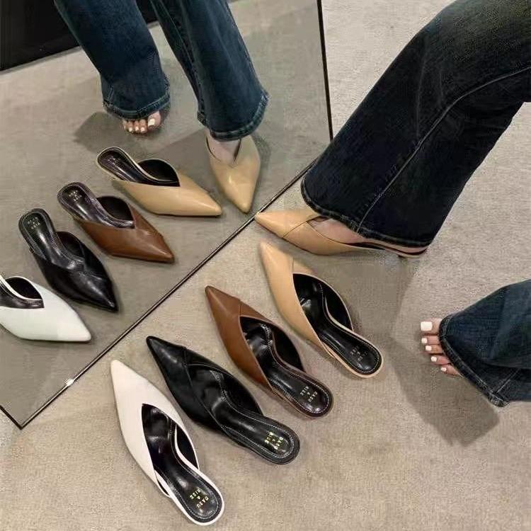 2025 Summer Simple Temperament Bag Head Half Slippers Women's Shoes Wear Versatile One Pedal Middle Heel Sandals