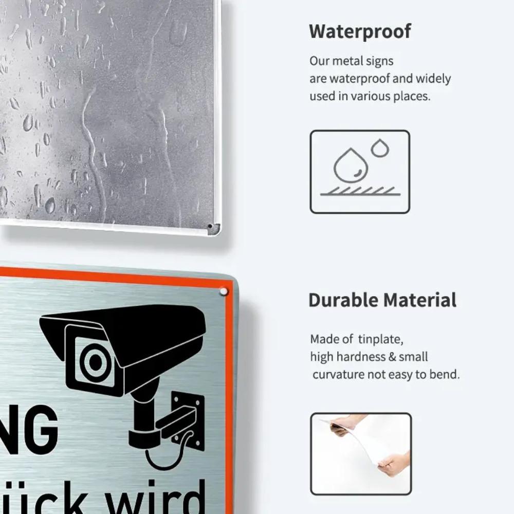 German Achtung Video Surveillance Sign 1pc | 12x8 Inch Metal | Rounded Corners 4 Drill Holes |24 Hour for Outdoor & Home