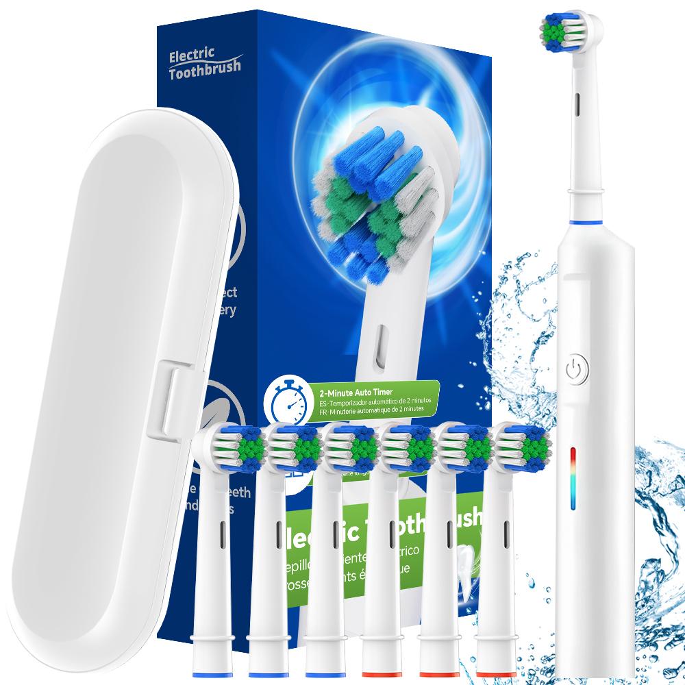 

Portable Rotating Electric Toothbrush with 3 Modes, 6 Brush Heads and 2 Min Timer, Compatible with Oral B Replacement Brush Head