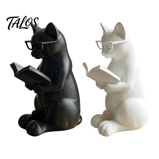 Décoration Chat de Bureau Figurine de Lecture Imprimée en 3D, Ornement Décoratif avec Base Lestée Antidérapante, Pièce d'Art Paresseuse Statue Intellectuelle Œil