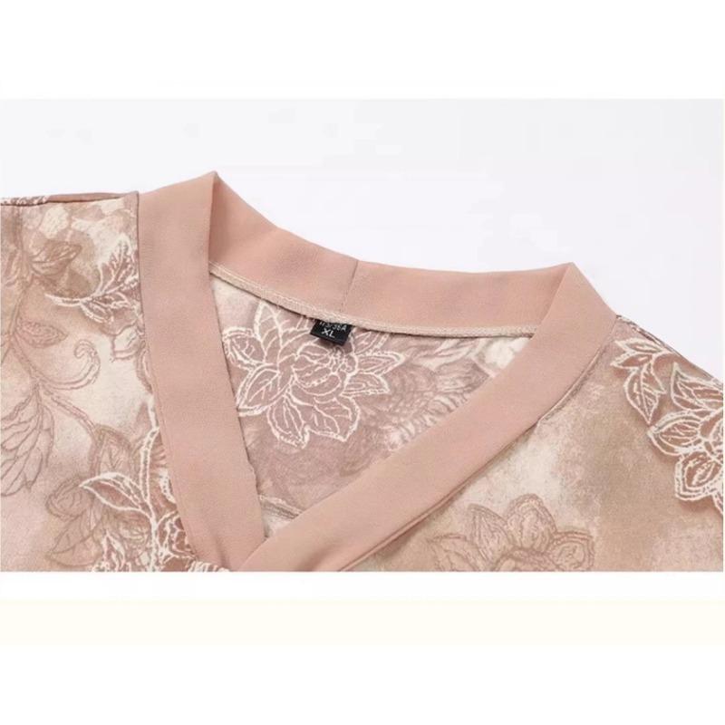 Women Light Green Floral Embroidery Bow V Neck Three Quarter Sleeve Elegant Blouse