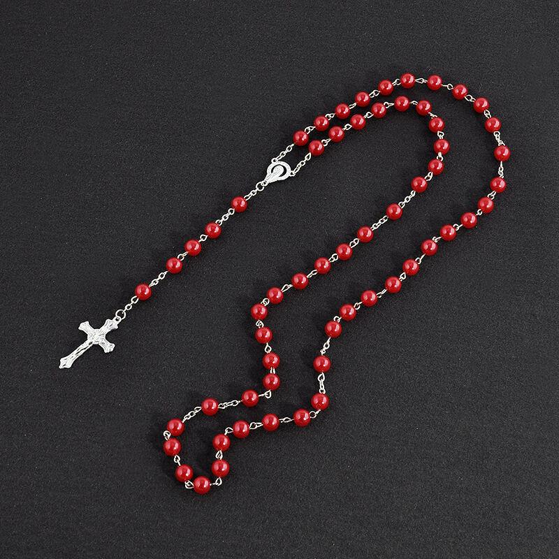 Women's Christian Fashion Faux Pearl Rosary Necklace with Virgin Mary & Jesus Cross Pendant Long Beads Chain Jewelry