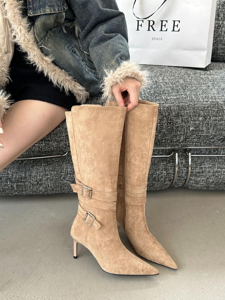 Pointed thin heel thin boots stacking boots 2025 belt buckle Korean version wrinkled high heel boots thin boots women