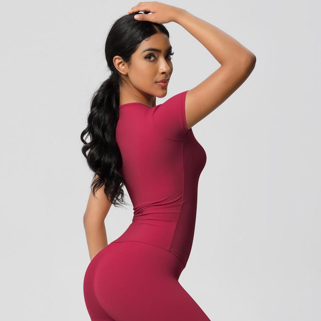 Gebürstetes Nude Slim-Fit Rundhals Yoga-Top - Kurzärmlig, Atmungsaktiv, Vielseitige Sportbekleidung