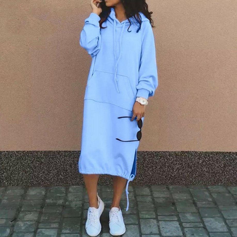 Casual Solid Color Hoodie Dresses Women Fashion Pocket Drawstring Slit Pullover Hooded Sweatshirt Dress Autumn Winter Vestidos