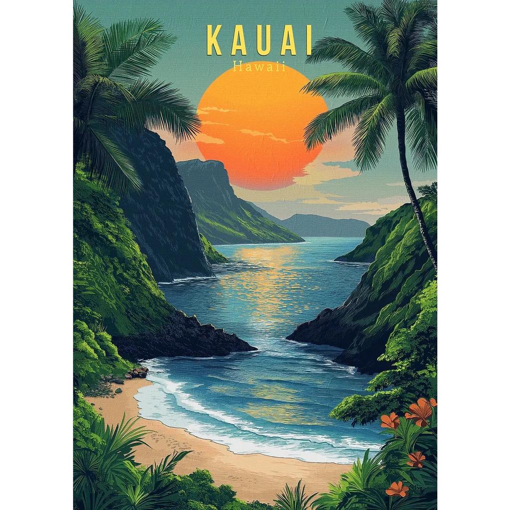 Hawaii Travel Posters Oahu Waikiki Sunset Vintage Tropical Prints Beach Ocean Canvas Painting Wall Art Pictures Home Room Decor
