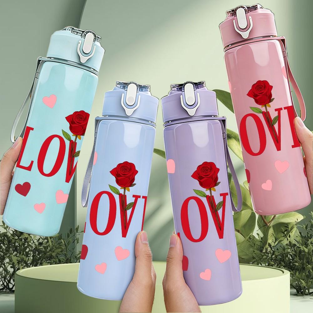 1PC Red Rose Love Letter Pattern 750ml Color Plastic Sports Water Bottle Leakproof Flip Straw Lid Suitable for Sports Office Home Use