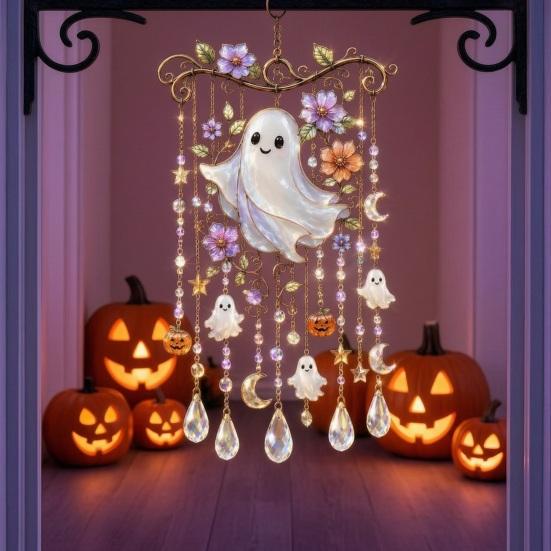 Seasonal Party Hanging Decor Halloween Wind Chime, Colorful Bird Sun Catcher, Cute Garden Ghost Windchime, Decoration for Patio Yard Faux Crystal