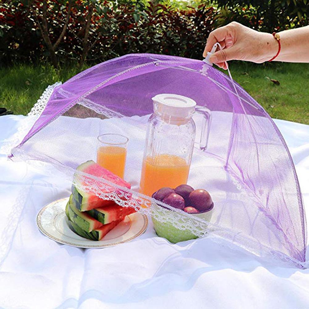 2Pcs Household Food Umbrella Foldable Food Meal Preservation Mesh Cover Tent Kitchen AccessoryLace Edge Rose Red 43x43cm
