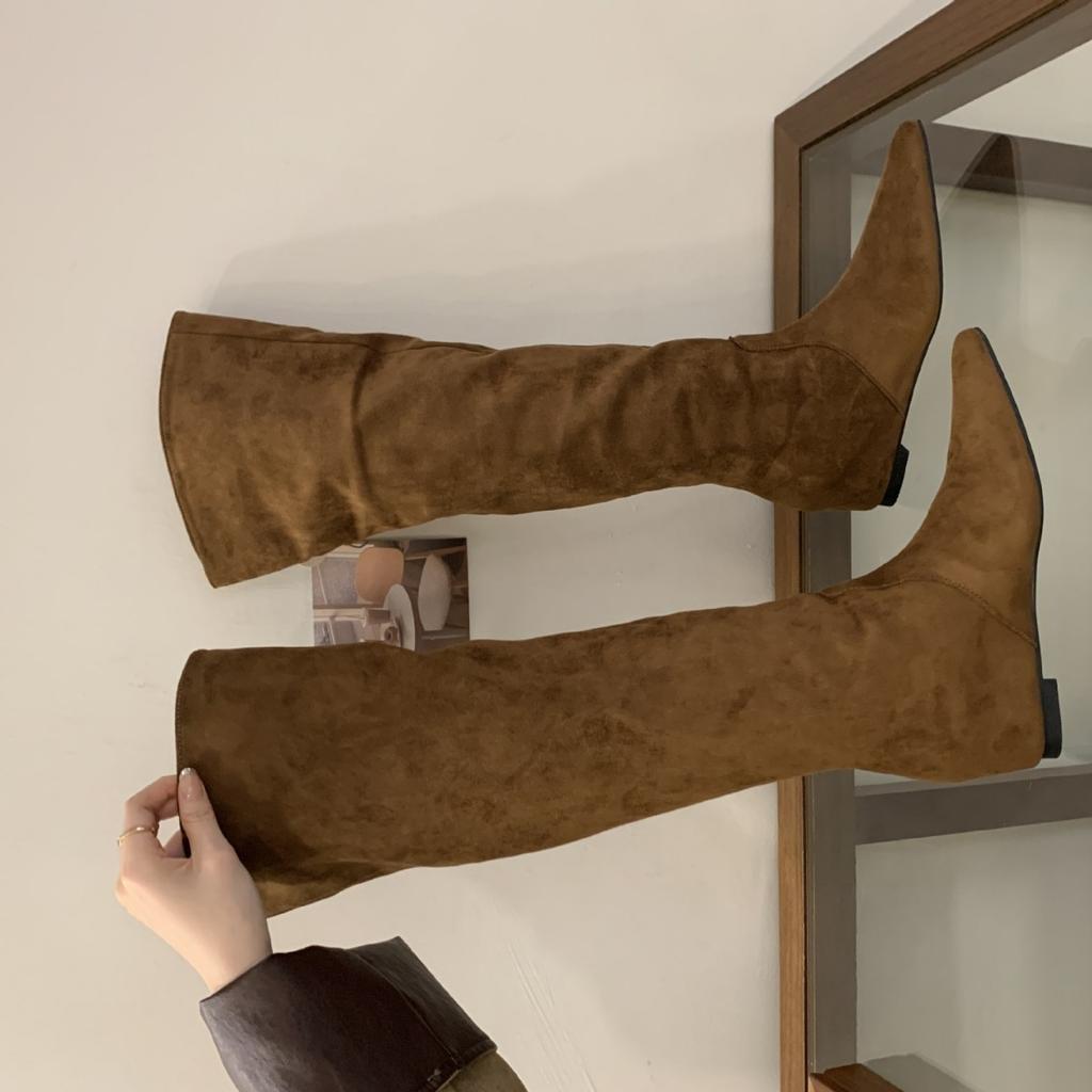 2025 Autumn and Winter New Pointed Head Tall Tube Thin Knee Knight Inner Slope Heel Women's Boots Riding Boots