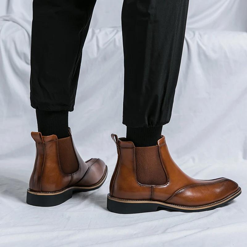 Fashion New Brown Chelsea Boots for Men Ankle Business Square Toe Slip-On Mens Boots  Size 38-45