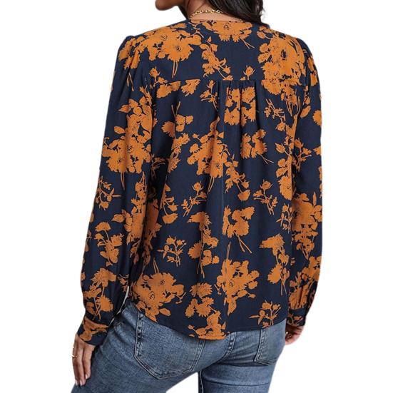 Women Shirt Stand Collar V-Neck Lantern Long Sleeve Printing Pullover Tops Loose Fit Thin Casual Shirt Daily Wear
