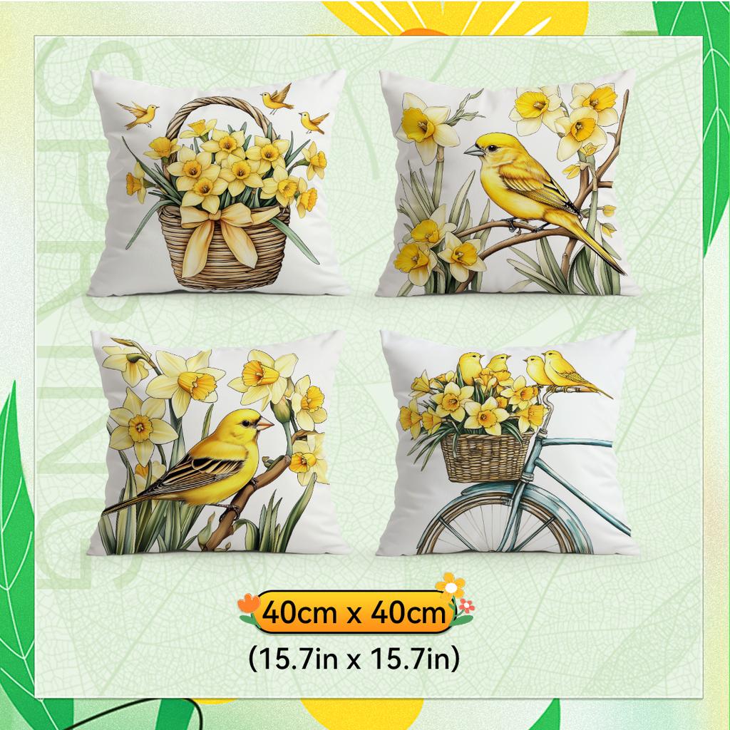 Yellow Daffodil Bird Pillowcase Printed Polyester 40/45/50Cm Throw Pillowcover Decorative Sofa Cushion Pillowslip Home Decor