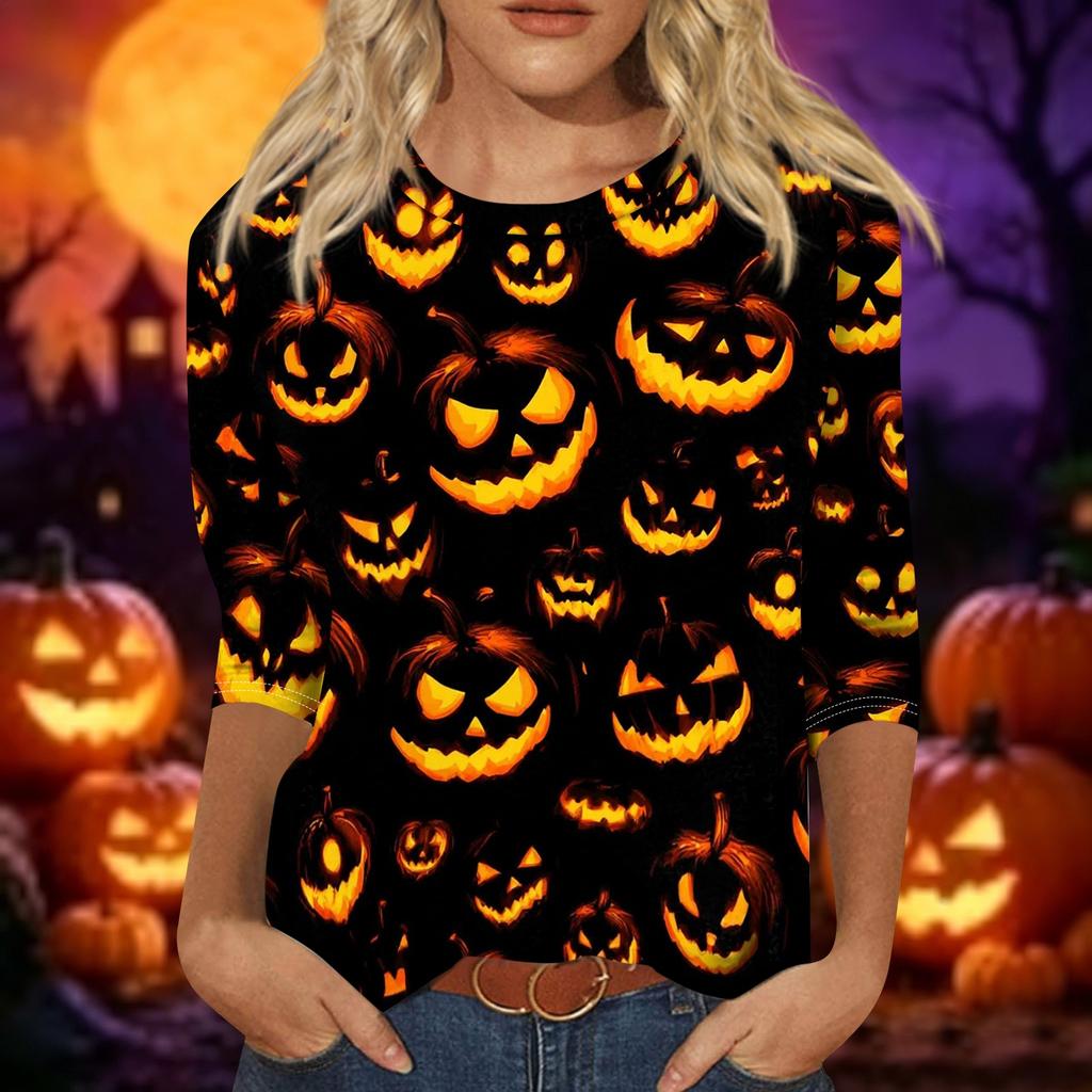 Women Casual 3/4 Sleeve Halloween Print Pullover Top Round Neck Lightweight Soft Fabric Comfortable Fit