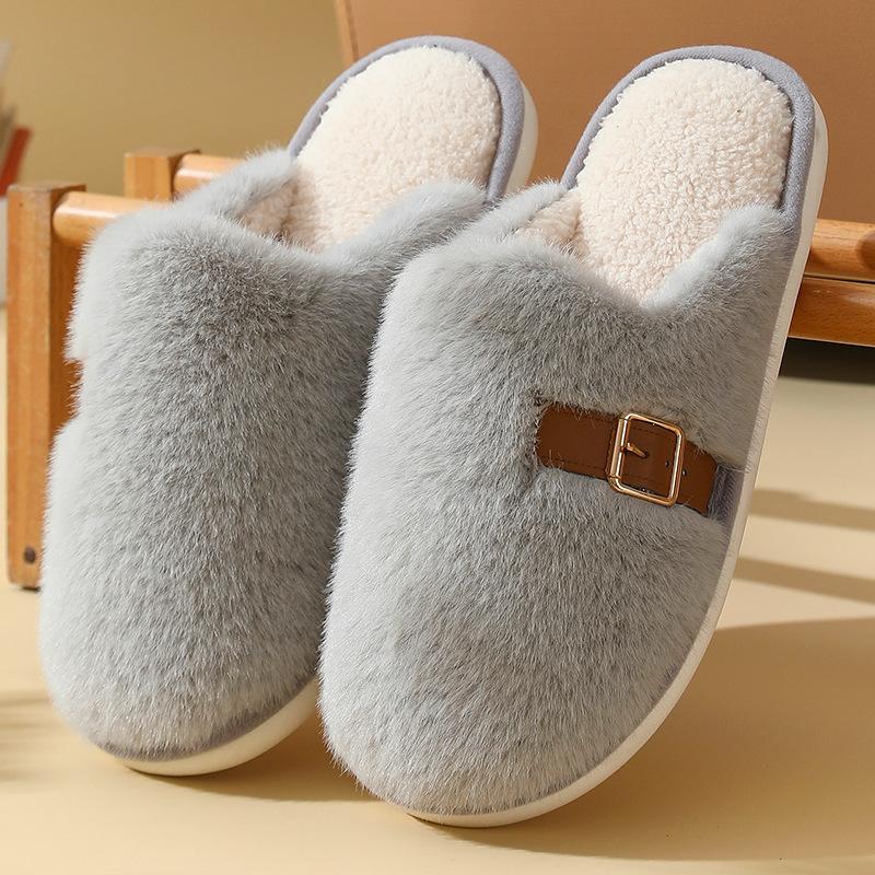 Simple solid color cotton slippers women's autumn and winter home use warm and non-slip couple's premium plush slippers men's