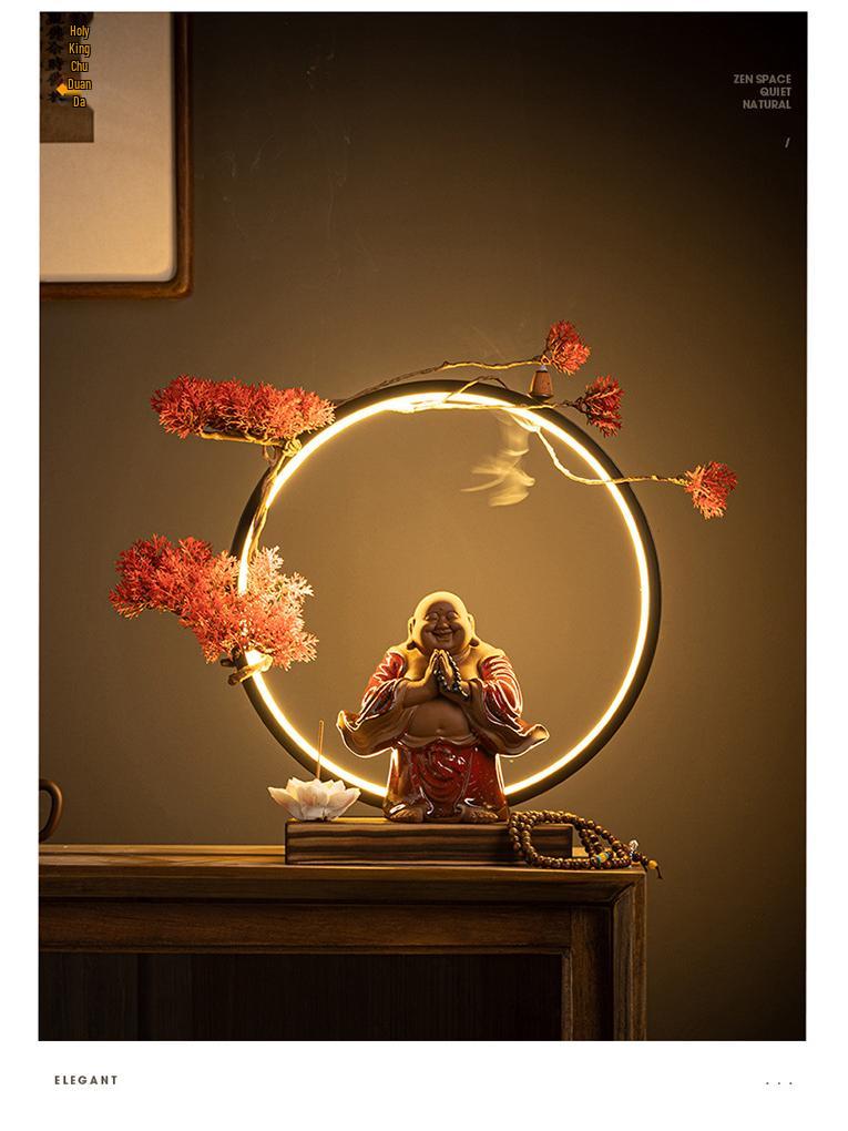 Chinese Zen LED Light Ring Ceramic Ornament for Living Room or Office Display