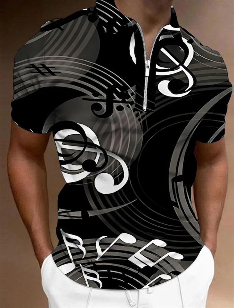 Men T-Shirt Zip Polo Men's Tops Golf Graphic Prints Music Notes Light Short Sleeves Zipper Print Clothing Apparel Fashion Casual