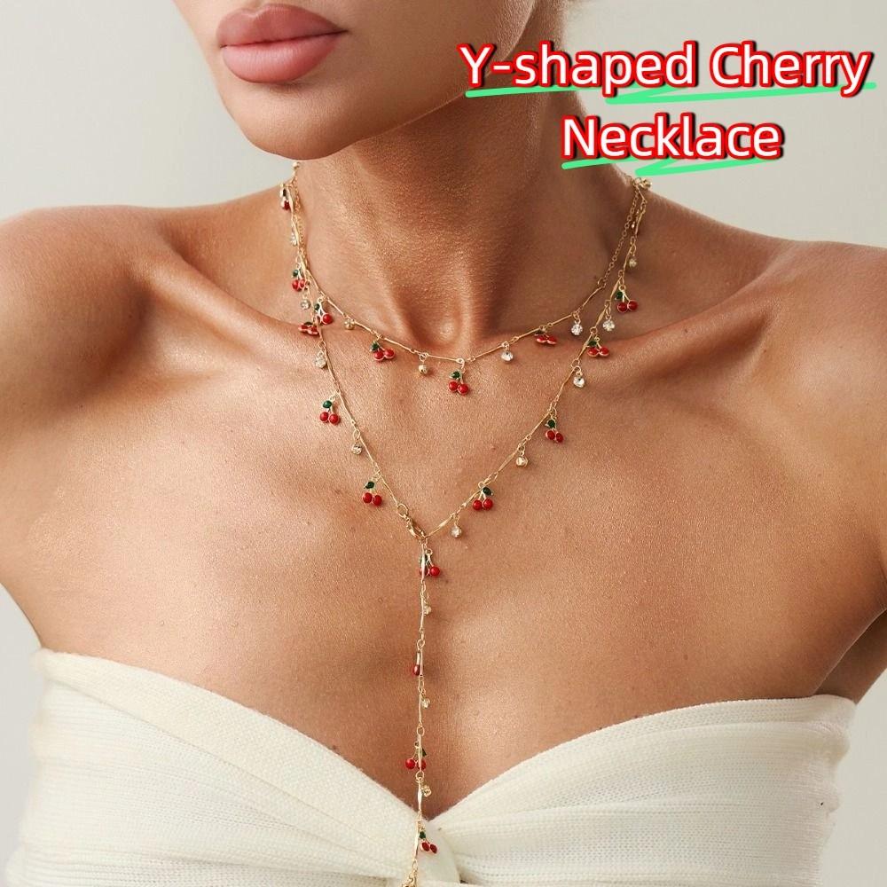 Copper Y-shaped Cherry Necklace Gold Women Long Necklace Creative Clavicle Chain  Girls