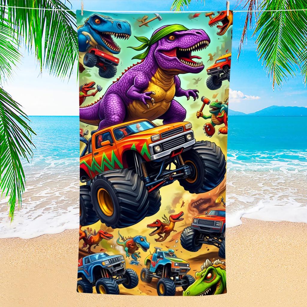 Dinosaur Monster Truck Beach Towel Colorful Dino Car Print Quick Dry Microfiber Bath Towel For Kids Boys Summer Swim Pool