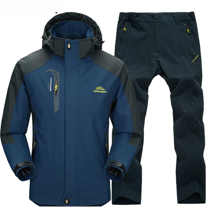 Outdoor Hiking Jacket and Pants Sets Men Autumn Waterproof Windproof Hooded Jackets Trip Mountain Camping Clothes