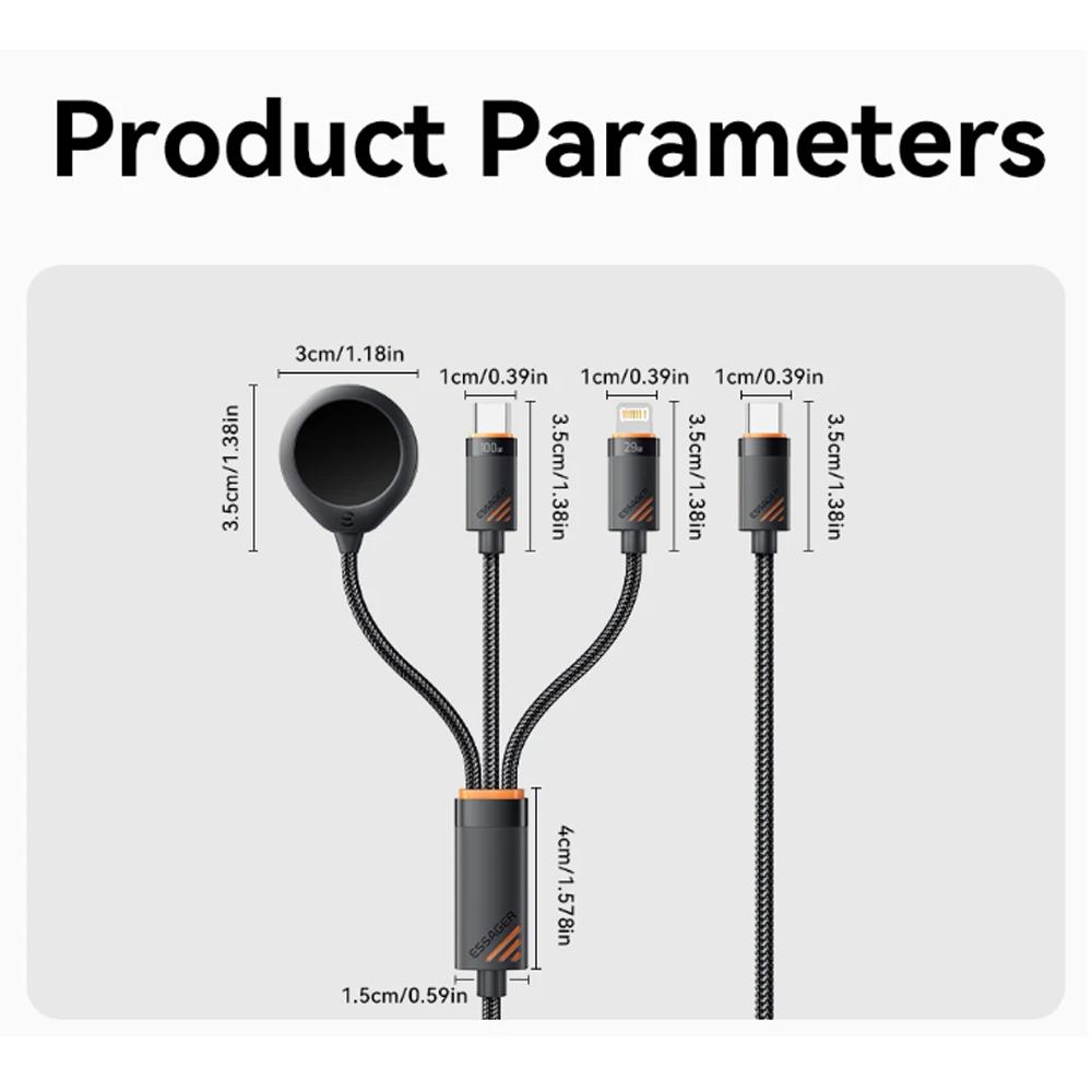 Essager Kabel do ładowania 3 w 1 100W Multi USB C dla Apple iWatch iPhone 16/15/14/13 Pro z kablem do szybkiego ładowania Type C Lightning