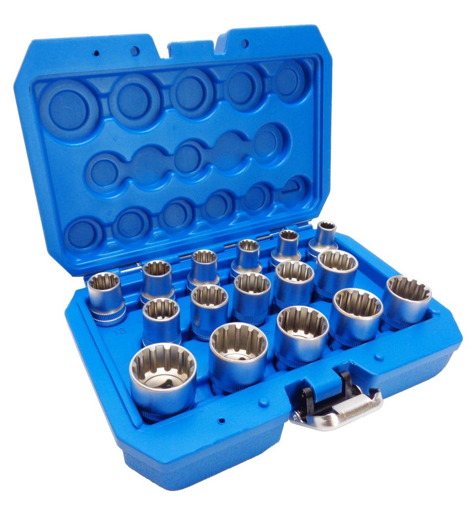 16-Piece Spline Socket Set, Multi-Socket, Inch and Metric Sizes, 1/2" Drive, 12.7sq, Special Shape, Nut and Bolt Removal