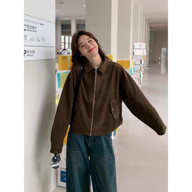 Vintage Brown Suede Moto Jacket Women Short Style Trendy Coat