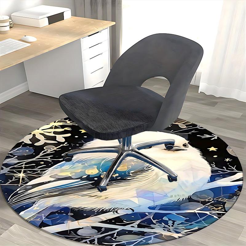 1pc Anime Design Winter White Bird Round Carpet Office Chair Mat, Non Slip Rug for Home Decor, Gift, Office, Living Room, Bedroom