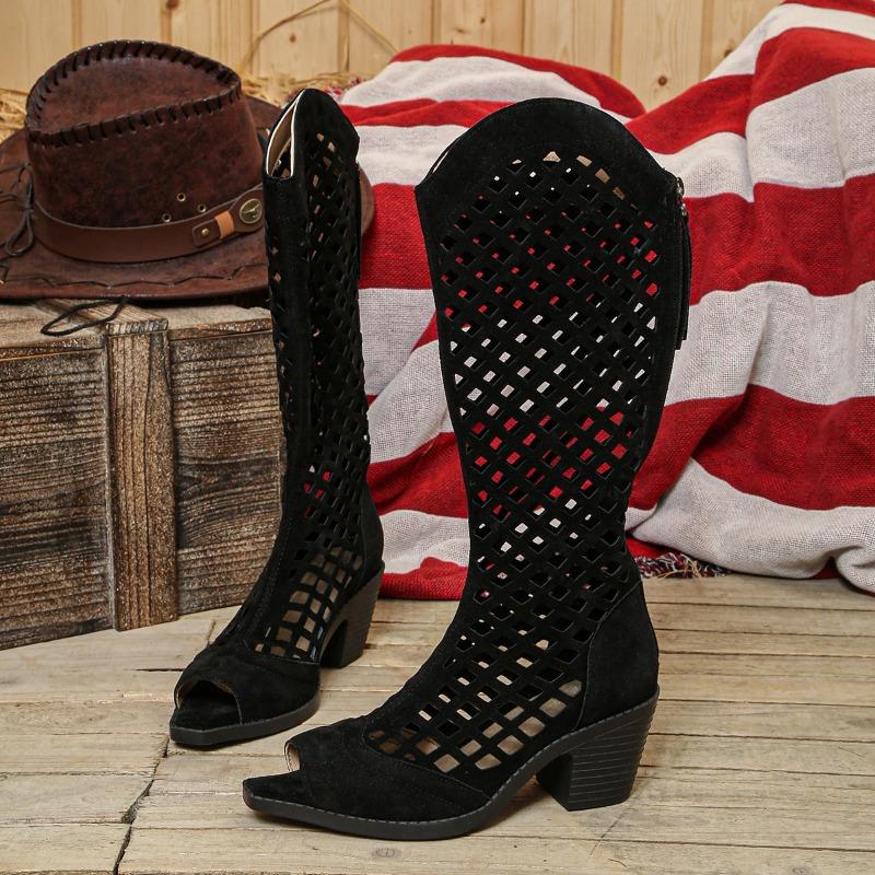 

British style hollow middle heel cool boots women s summer new open-toed rear zipper retro large-size boots 43 чорний