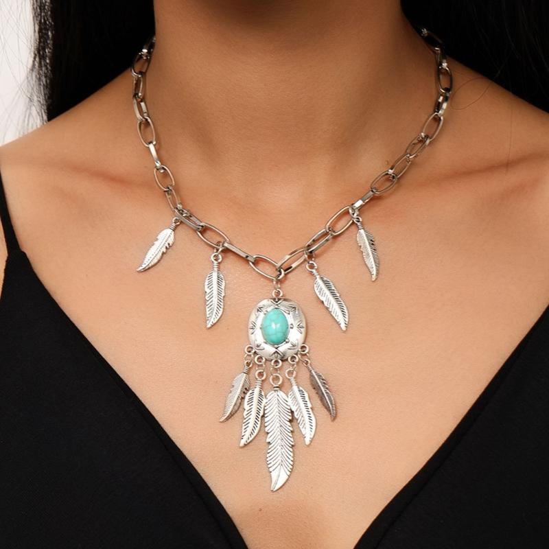 Pack of 2 Ethnic Turquoise Feather Chokers with Antique Alloy Finish Adjustable Length Bohemian Fashion Accessories