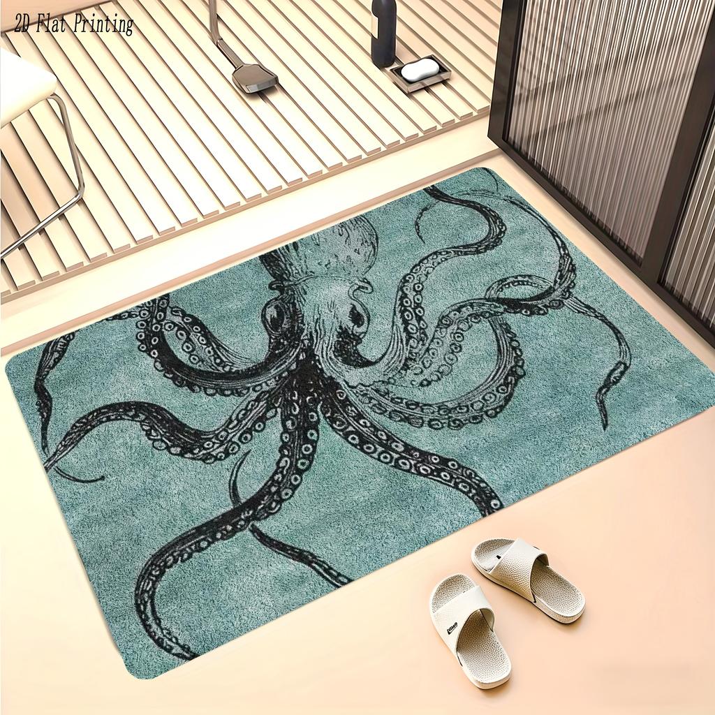 Blue Octopus Artistic Non-Slip Floor Mat Absorbent Washable Decorative Area Rug for Bathroom Shower Wash Basin Toilet