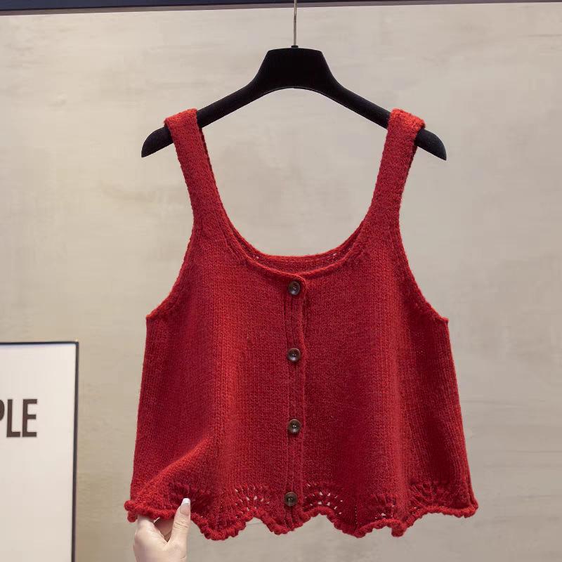 

Korean Style Crochet Lace U-Neck Knit Camisole for Women - Spring/Summer Sweet Age-Reducing Loose Fit Layering Vest Top S (suggested 80-100 jin)