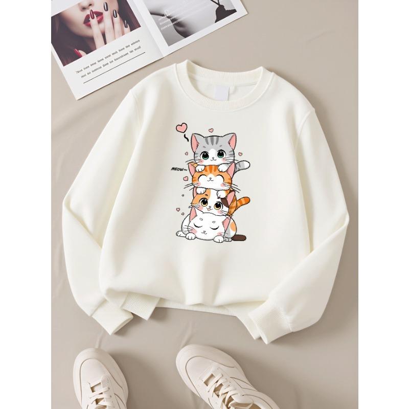 European sizes Girls' Long-Sleeve Round Neck Sweatshirt "Cute Cat Stack" Print, Spring/Autumn, Casual, Daily & Sports.