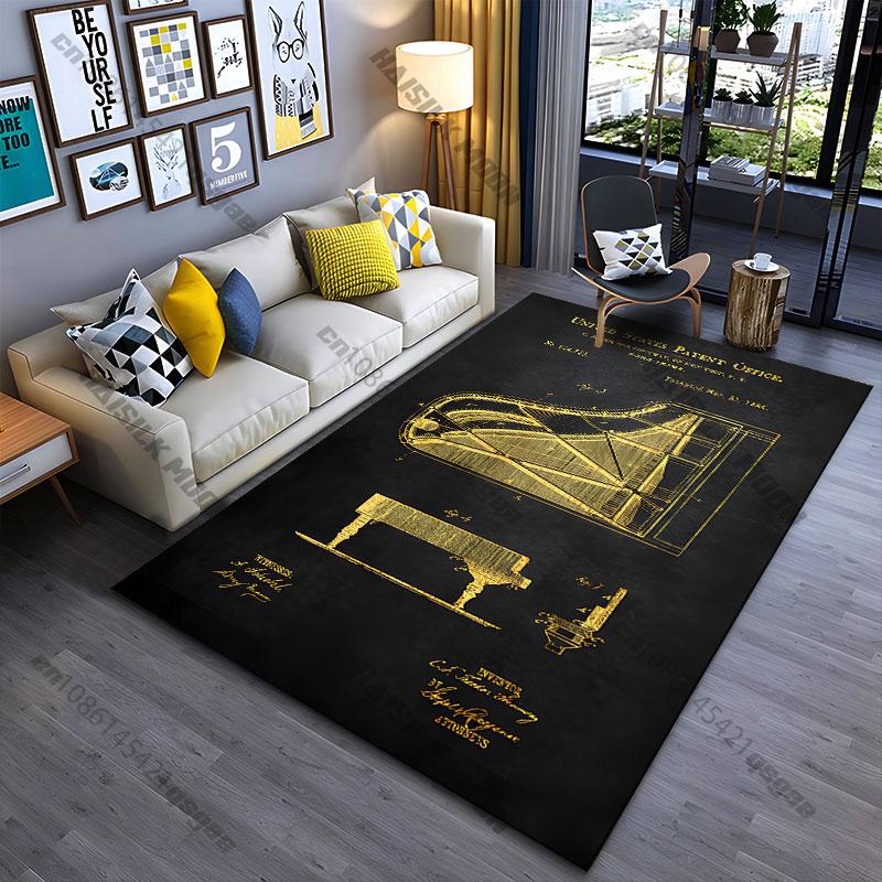 Piano Frame Patent Blueprint Drawing Carpet Yoga Living Room Room Decor Children's Crawling Mat Doormat Area Rug Games Mat