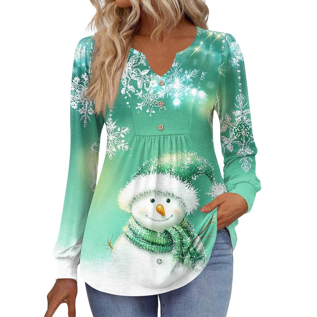 Women's Fashionable Casual V-neck Blouse Button Christmas Printed Long-sleeved Pullover T-shirt Top
