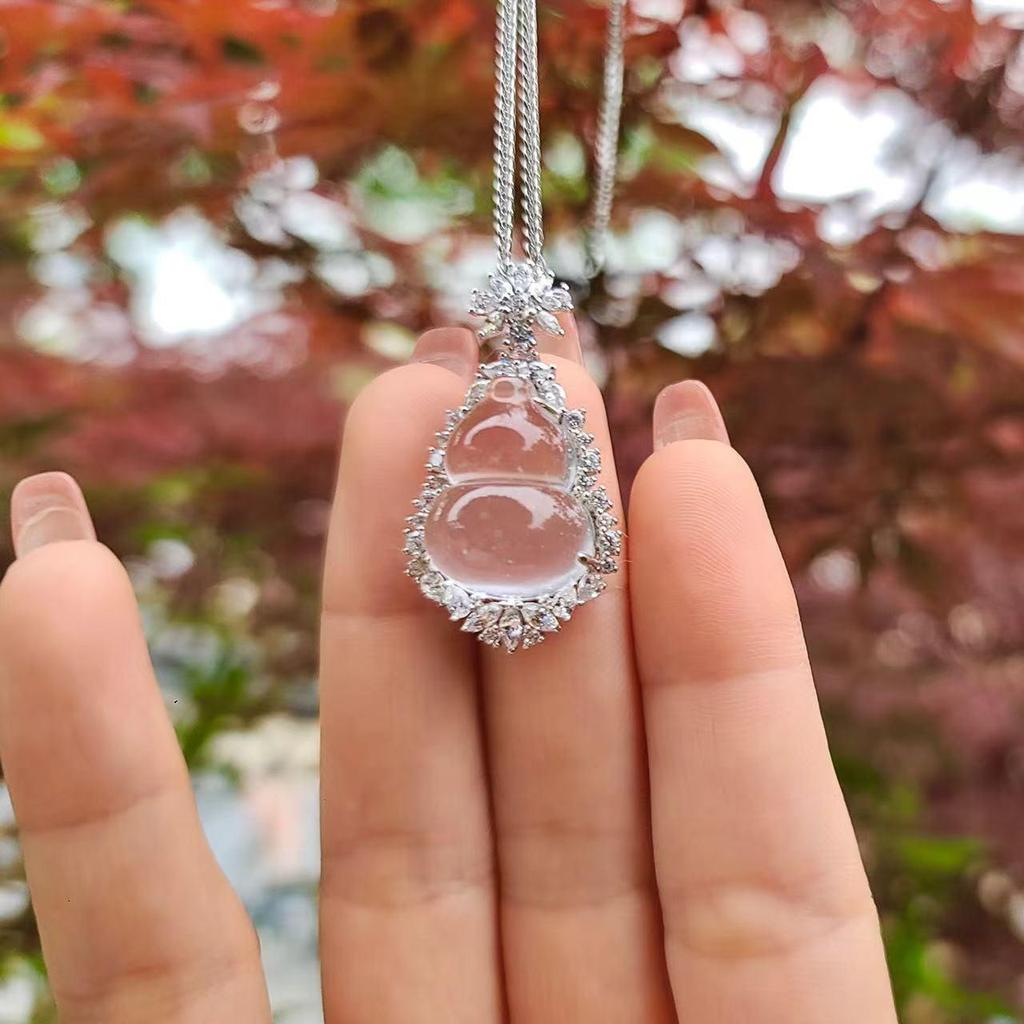 Pure Silver S925 Natural Mizzonite Jade Gourd Pendant Necklace - High Ice Variety for Women, with Chinese Style Fu Lu Charm