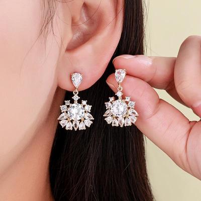 Luxury Zircon Drop Earrings: European & American Creative Geometric Flower Design