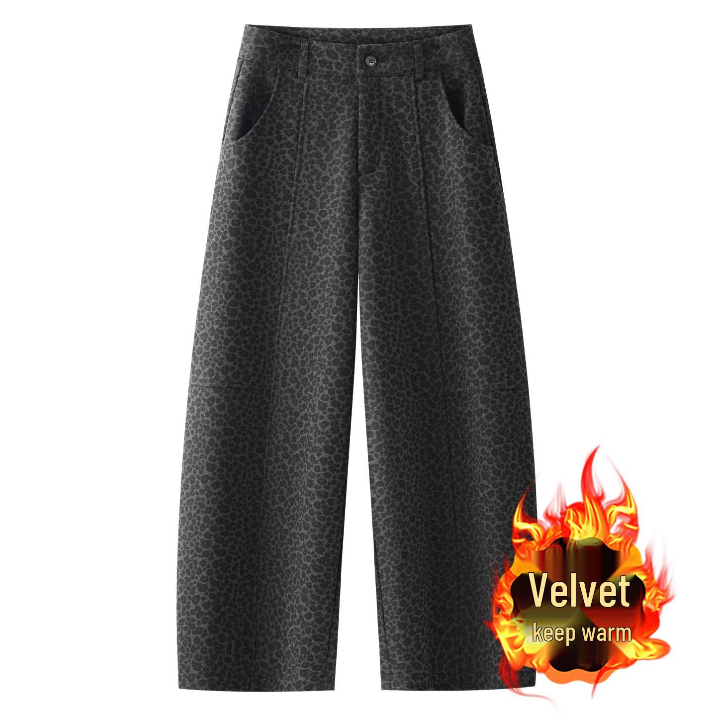 

High-Waist Leopard Print Wool Blend Wide-Leg Pants - Women s Winter 2025, Plus Velvet, Loose, Straight Drape. 2X Large
