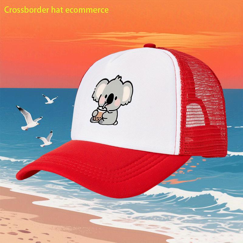 

Cute Koala Drinking Bubble Tea Mesh Trucker Hat Unisex Polyester Casual Baseball Cap Four Seasons Beach Headwear One Size