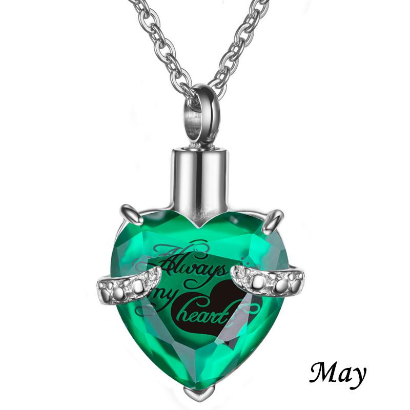 Always In My Heart Stainless Steel Birthstone Heart -Shaped Glass Clavicle Chain Perfume Bottle Keepsake Necklace Jewelry