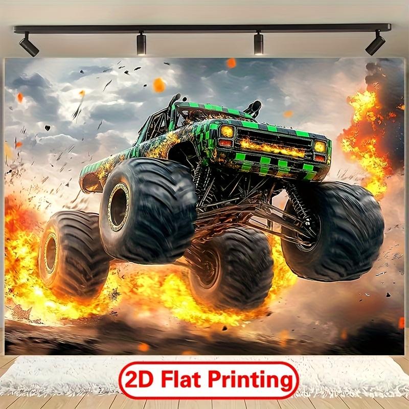 2D flat 1pc Monster truck-themed birthday party background polyester banner - Party banner - large-sized photography fabric