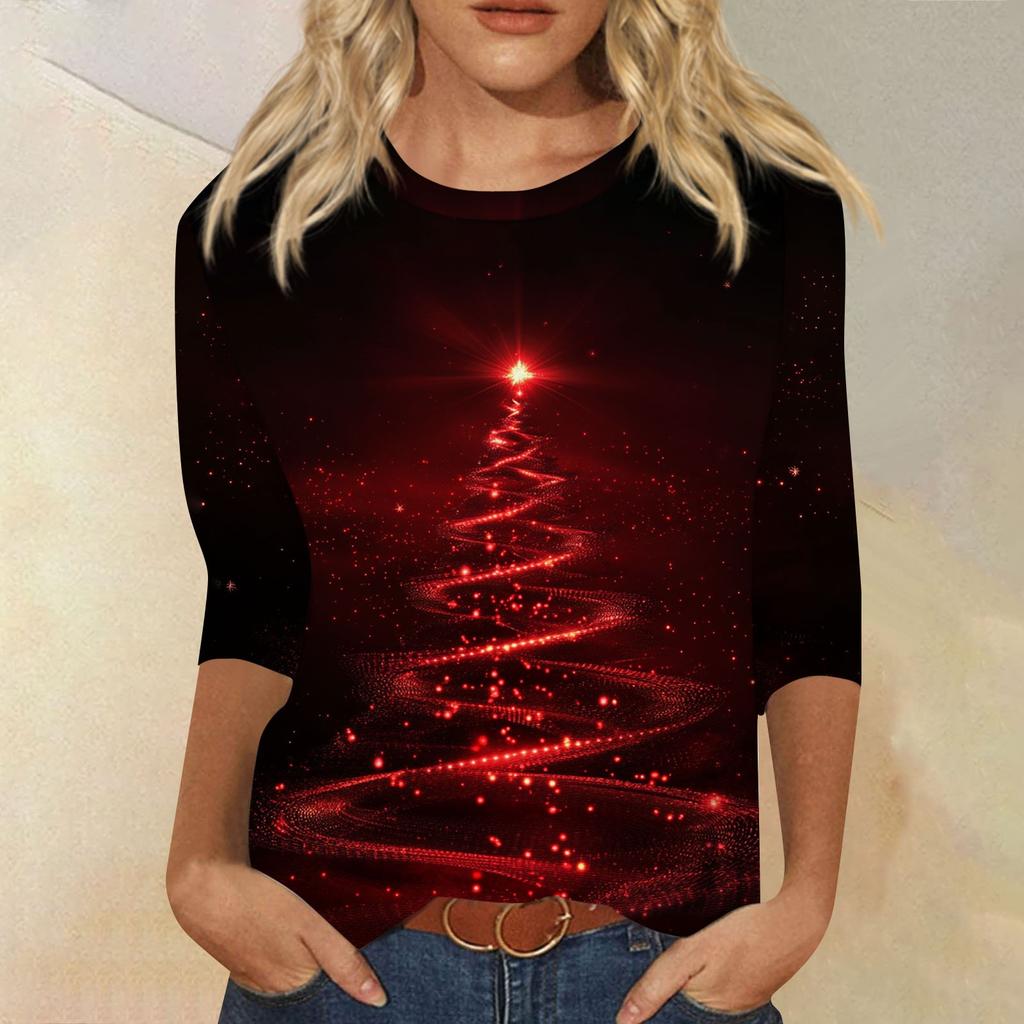 Women's Fashion Casual Seven Sleeve Christmas Printed Round Neck Top