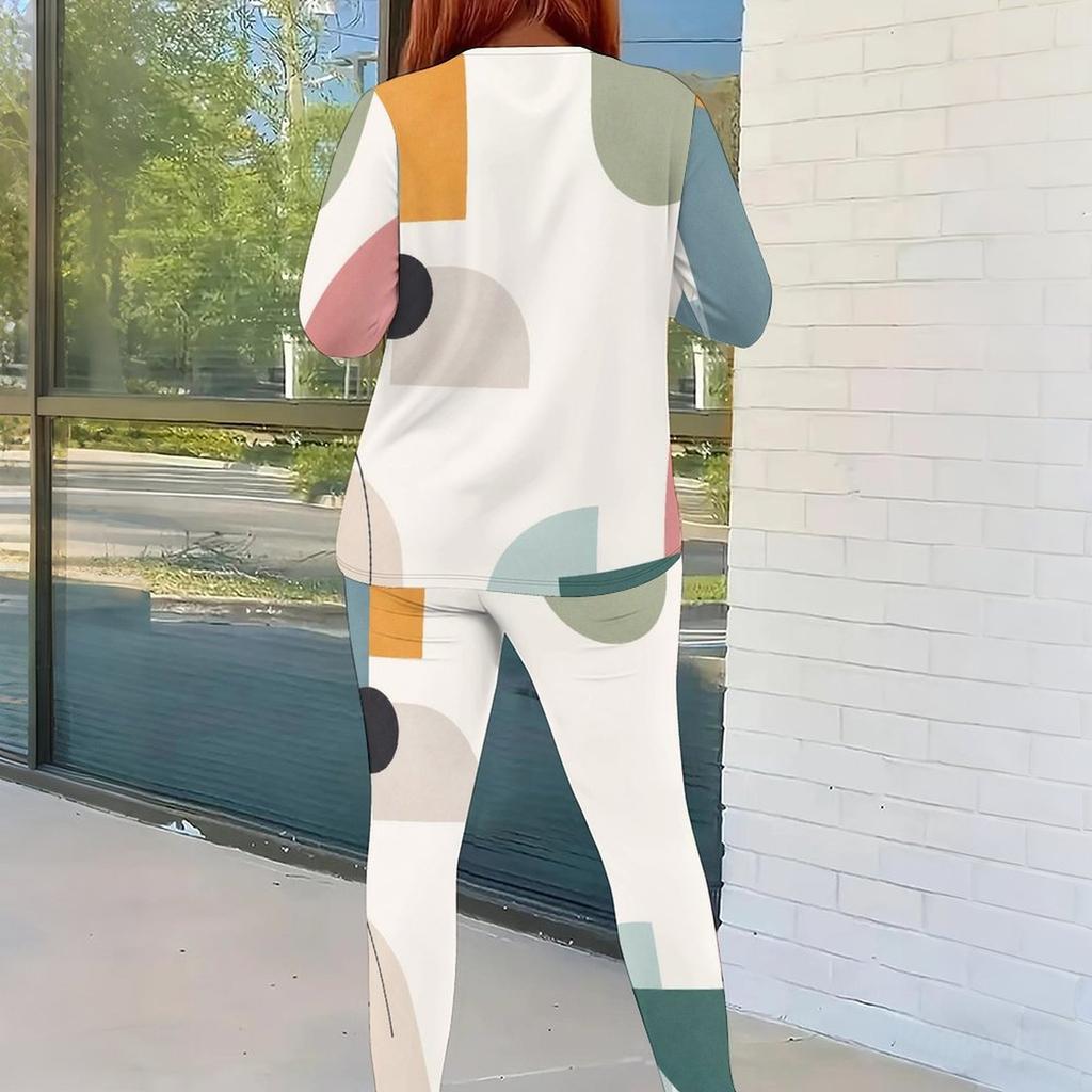 Women Plus Size Round Neck Long Sleeve Printed Two Piece Set Gray Black White Fitted Top And Pants