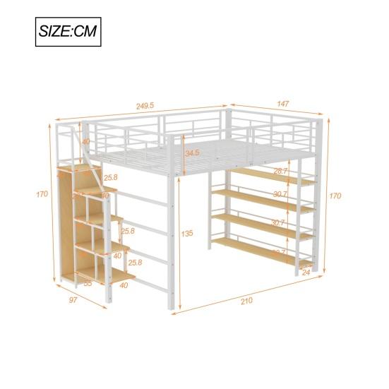 Youth Bed with Safety Stairs Several Shelves Built-in Wardrobe Strong Load Bearing Metal Frame Loft Bed Home Furniture