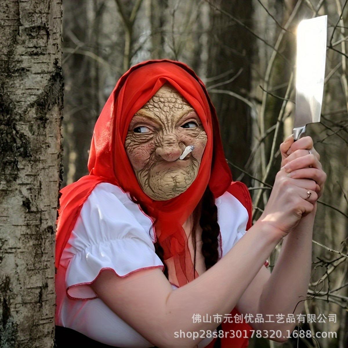 Halloween funny old man latex mask, bald grandfather funny full-face headgear Smoking Old Lady Mask