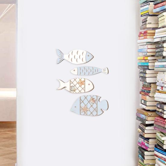 4 Pcs Wooden Fish Wall Decor Nautical Coastal Wood Fish Wall Art Rustic Hanging Beach Wall Sculpture for Lake House Home Bathroom Decor