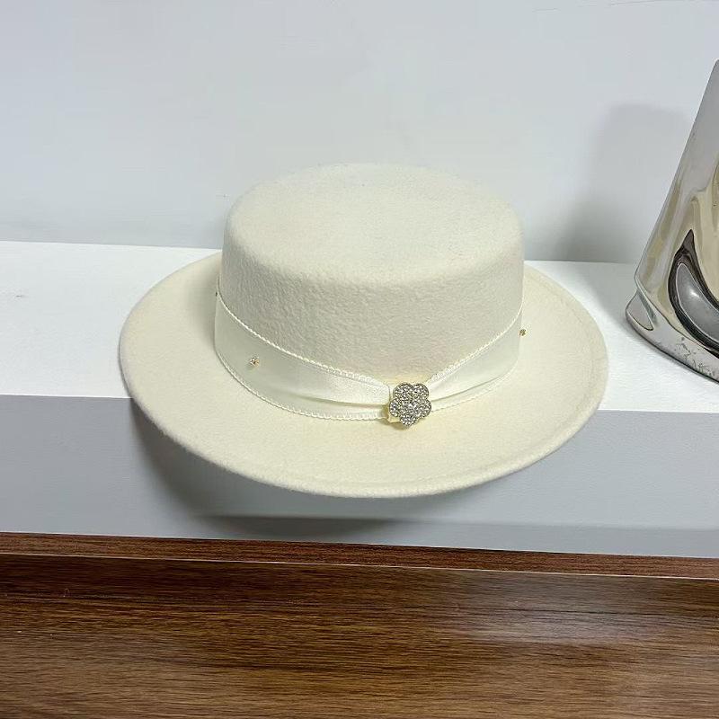 Autumn and Winter New Exquisite Rhinestone Flower Decoration Wool Top Hat Female Hepburn Style Black Flat Top Hat French Jazz Hat
