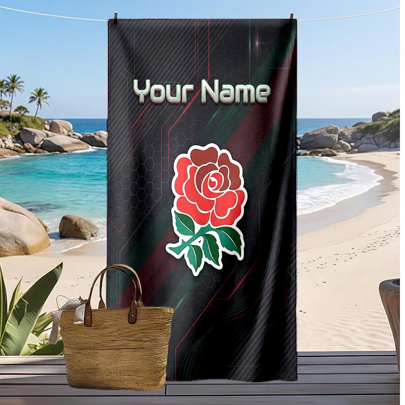 England Rugby Custom Beach Towel, Print Your Name Text Lightweight Absorbent Towel for Swimming Travel
