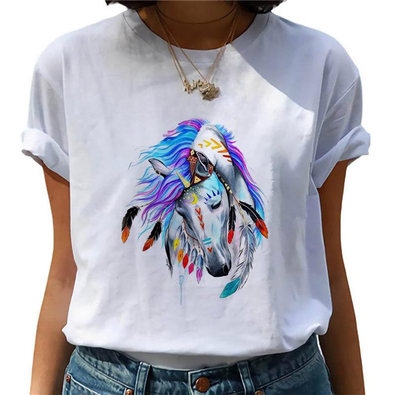 2025 Summer New Vouge Simple Graphic Watercolor Print Animal Woman Print White Casual O-Neck Short Sleeve